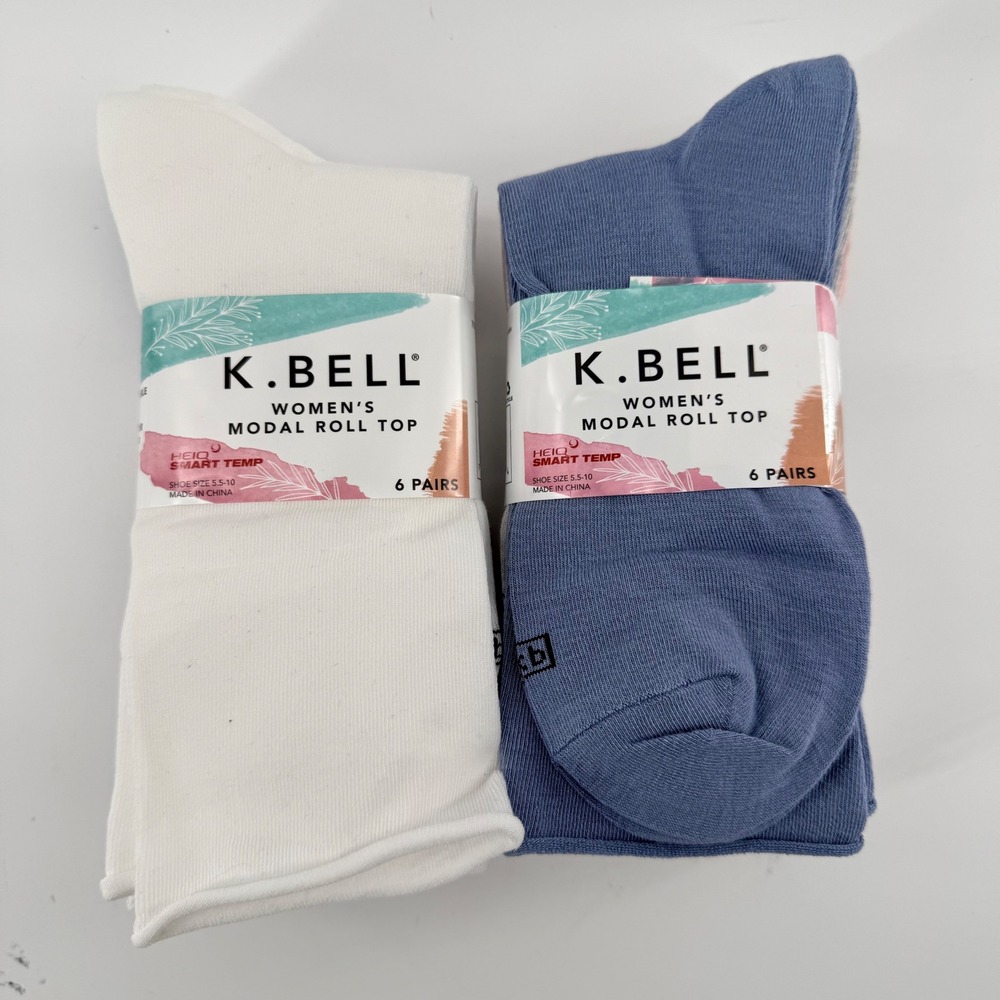 K. Bell Women 5.5-10 Socks 12 Pairs Modal Roll Top Multi HeiQ Smart Temp Cooling
